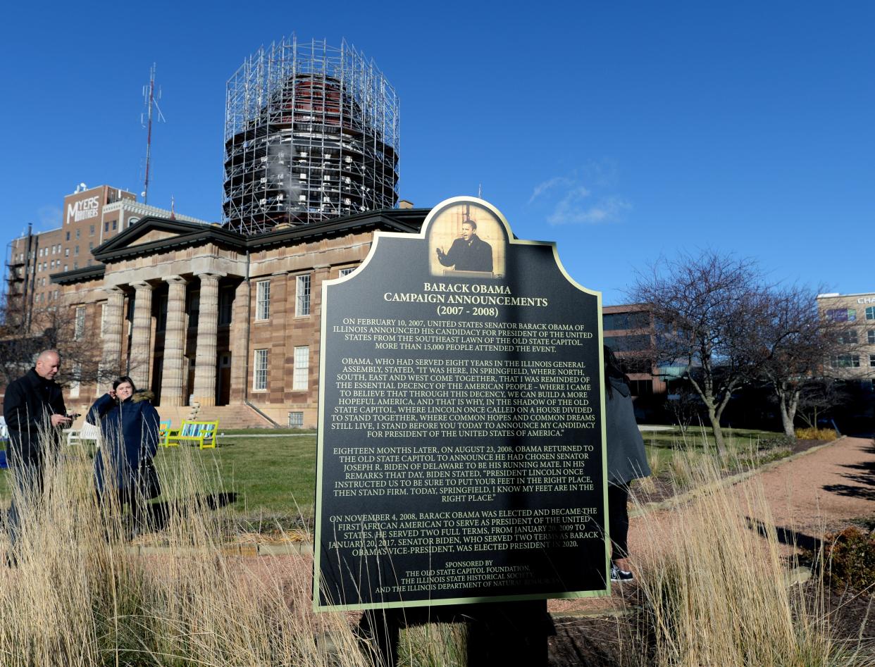 A historical marker now commemorates Barack Obama's launch for the White House in 2007 and his choosing Sen. Joe Biden as his presidential running mate in 2008. It sits on the southeast corner of the Old State Capitol Historic Site.