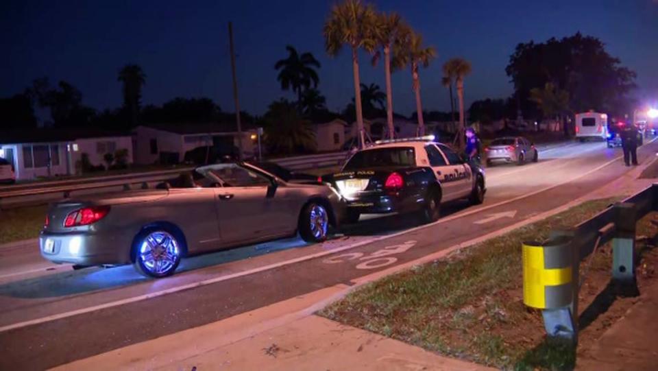 A car crashed into a police car around 6 a.m. April 16, 2021, that was investigating another crash in which a Chevy Cobalt hit a Miramar home in the 6600 block of Miramar Parkway around 2 a.m.