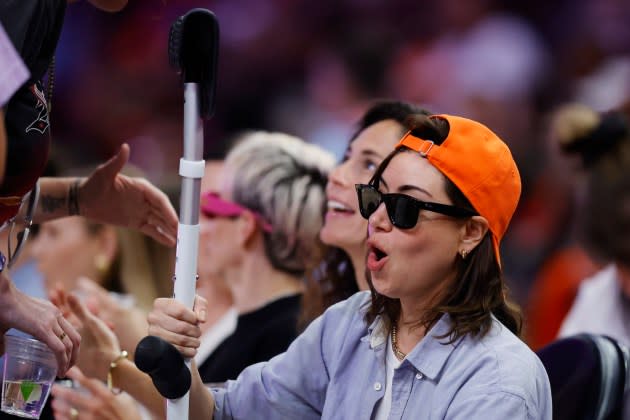 Aubrey Plaza looks on during the 2024 WNBA All Star Game between Team USA and Team WNBA at Footprint Center on July 20, 2024 in Phoenix, Arizona. - Credit: Alex Slitz/Getty Images