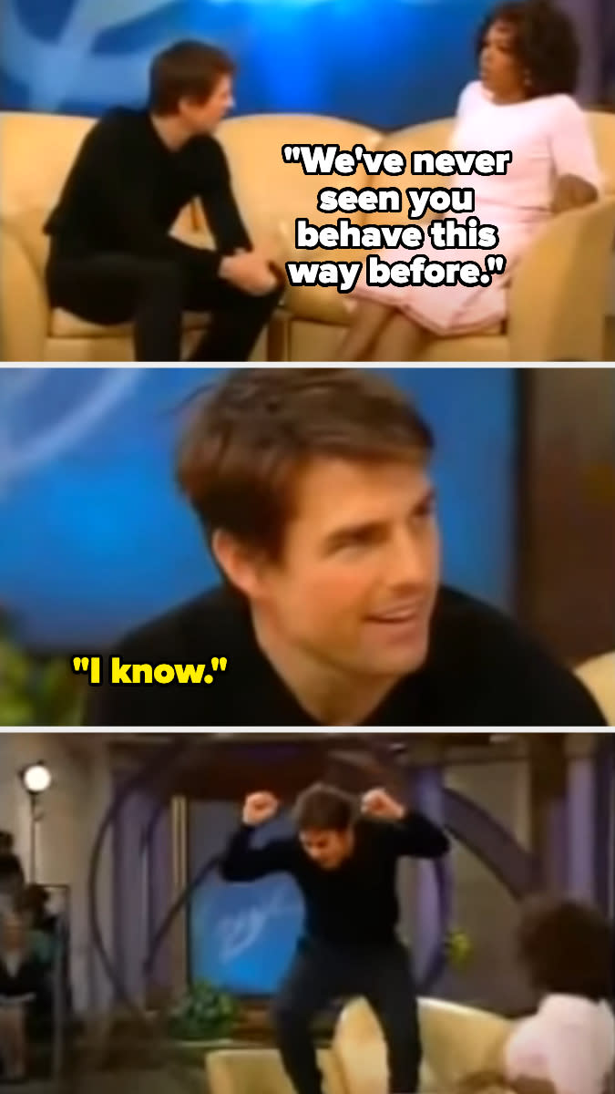Tom Cruise gestures excitedly on a talk show with Oprah, with dialogue captions from their interview