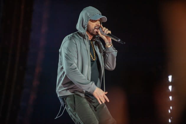 Eminem performs at Live from Detroit: The Concert at Michigan Central in Detroit, Michigan.  - Credit: Aaron J. Thornton/Getty Images