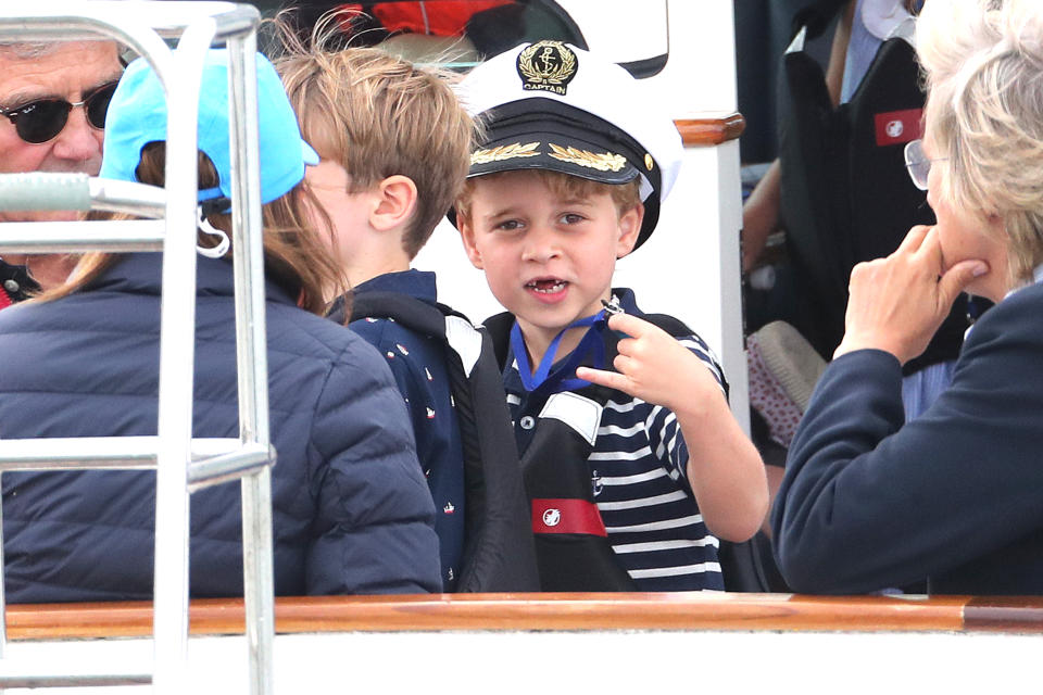 COWES, ENGLAND - AUGUST 08:  Prince George watches the inaugural King&#xe2;&#x0020ac;&#x002122;s Cup regatta hosted by the Duke and Duchess of Cambridge on August 08, 2019 in Cowes, England. Their Royal Highnesses hope that The King&#xe2;&#x0020ac;&#x002122;s Cup will become an annual event bringing greater awareness to the wider benefits of sport, whilst also raising support and funds for Action on Addiction, Place2Be, the Anna Freud National Centre for Children and Families, The Royal Foundation, Child Bereavement UK, Centrepoint, London&#xe2;&#x0020ac;&#x002122;s Air Ambulance Charity and Tusk. (Photo by Chris Jackson/Getty Images)