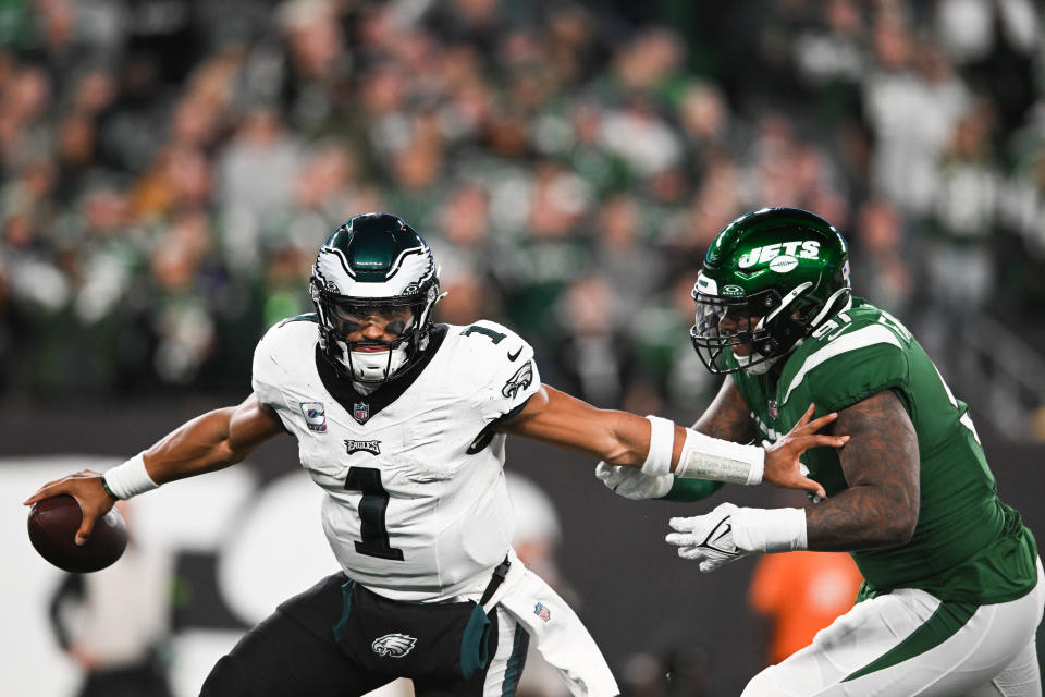 Jalen Hurts threw three interceptions and the Eagles went scoreless in the second half Sunday in a defeat against the Jets. (Photo by Kathryn Riley/Getty Images)