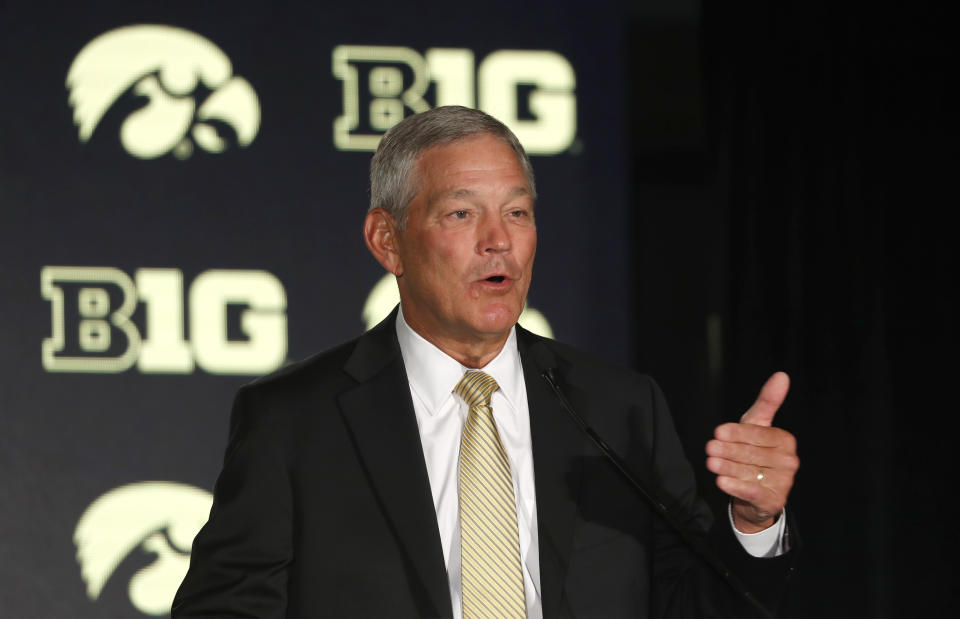 Iowa head coach Kirk Ferentz responds to a question during the Big Ten Conference NCAA college football media days Friday, July 19, 2019, in Chicago. (AP Photo/Charles Rex Arbogast)