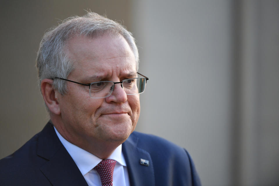 Prime Minister Scott Morrison at a press conference at Kirribilli House in Sydney, Friday, July 16, 2021.  New South Wales has recorded 97 new locally transmitted coronavirus cases overnight. (AAP Image/Mick Tsikas) NO ARCHIVING