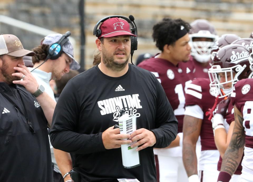 Mississippi State football coach Jeff Lebby watches the Maroon and White Spring play during the second quarter of their Saturday game.  April 20, 2024 in Starkville, Miss.  (Jim Lytle/Special to the Clarion Ledger)