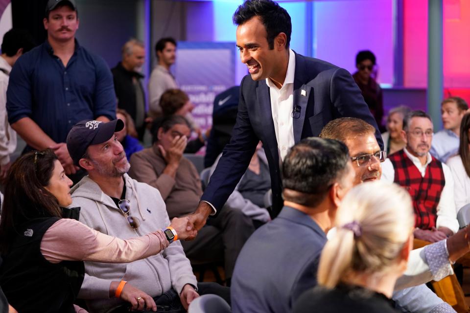 Republican presidential candidate Vivek Ramaswamy greets supporters before he speaks during the Seacoast Media Group and USA TODAY Network 2024 Republican Presidential Candidate Town Hall Forum held in the historic Exeter Town Hall in Exeter, New Hampshire.