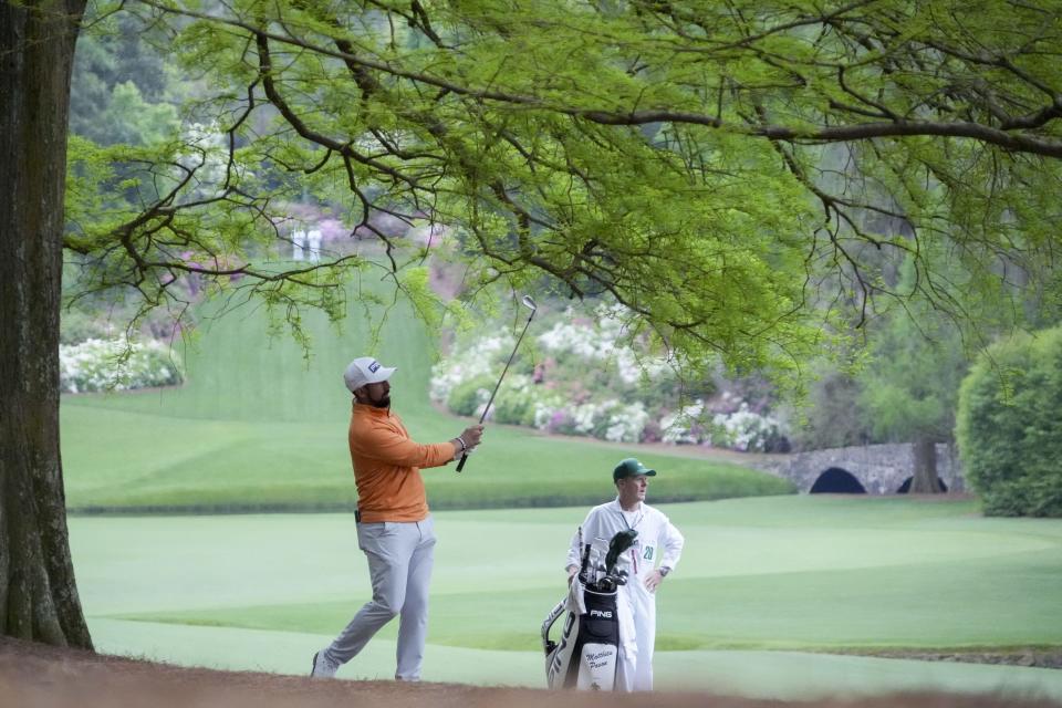 Apr 9, 2024; Augusta, Georgia, USA; Matthieu Pavon plays his second shot on no. 13 during a practice round for the Masters Tournament golf tournament at Augusta National Golf Club. Mandatory Credit: Kyle Terada-USA TODAY Network