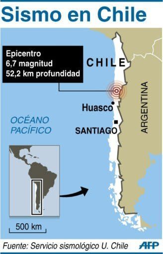 Un fuerte sismo de 6,7 grados Richter afectó este martes la región de Atacama, a 800 km al norte de Santiago de Chile, causando problemas en las redes de comunicación y del servicio eléctrico en ciudades de esa zona, informó el Servicio Sismológico de la Universidad de Chile. (AFP | jh)