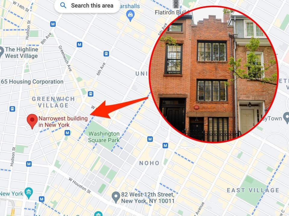 An arrow points to the "narrowest townhouse in NYC."