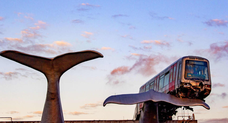 Different angle of the train, showing it stopped on the tail from front on.