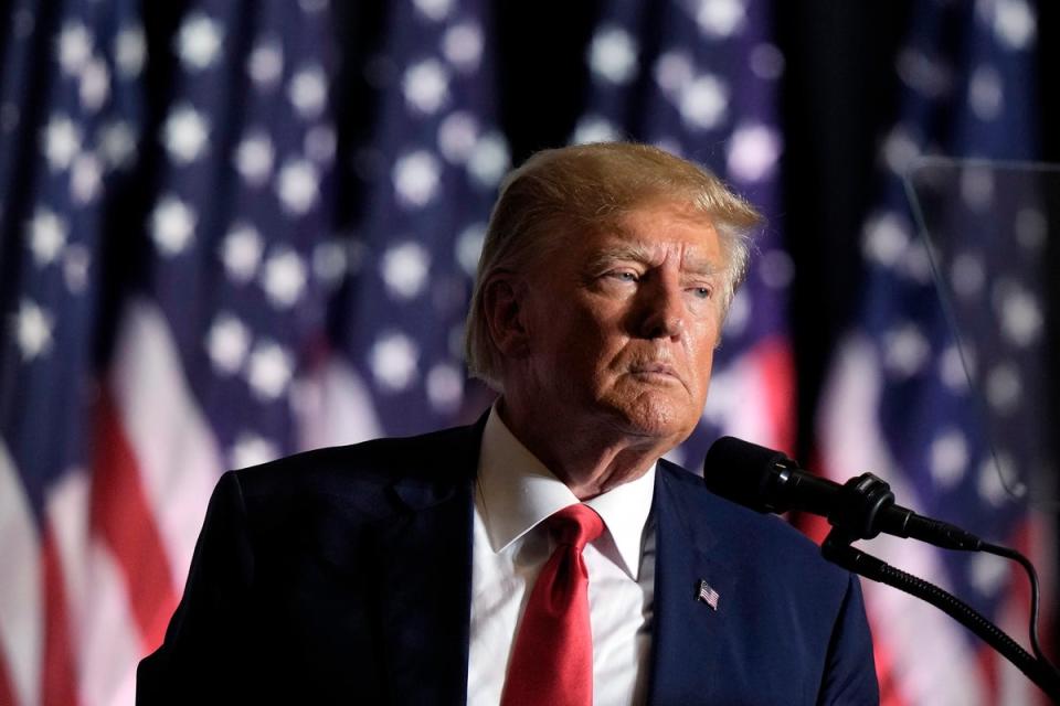 Donald Trump speaks during a rally on 7 July 2023 in Council Bluffs, Iowa (Copyright 2023 The Associated Press. All rights reserved.)