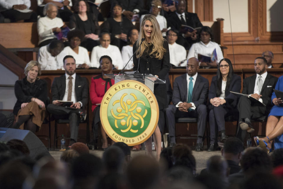 Sen. Kelly Loeffler, R-Ga., speaks during the Martin Luther King, Jr. annual commemorative service at Ebenezer Baptist Church in Atlanta on Monday, Jan. 20, 2020. (Branden Camp/Atlanta Journal-Constitution via AP)