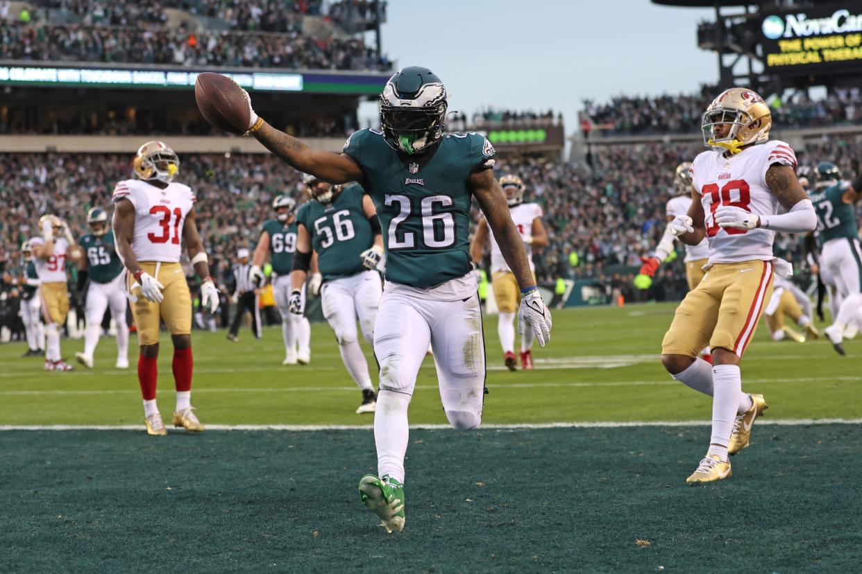 Philadelphia Eagles running back Miles Sanders scores a touchdown