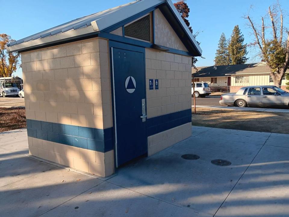 The Roosevelt Park bathroom, shown Wednesday, Nov. 29, 2023, is one of the newer bathrooms Modesto is using in its parks. It is made out of cinder-block walls and has a metal roof, making it harder to vandalize. The bathroom is unisex and the door locks. The bathrooms in the city’s older parks don’t have doors.