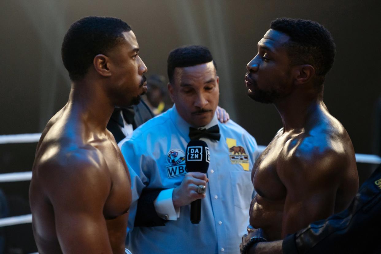 CREED III, from left: Michael B. Jordan, Tony Weeks, Jonathan Majors, 2023. ph: Eli Ade /© MGM /Courtesy Everett Collection
