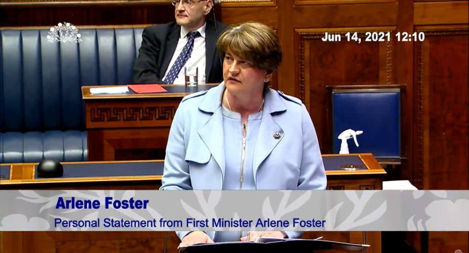 Screengrab taken from the Northern Ireland Assembly of Arlene Foster formally announcing her resignation as First Minister (PA) (PA Archive)