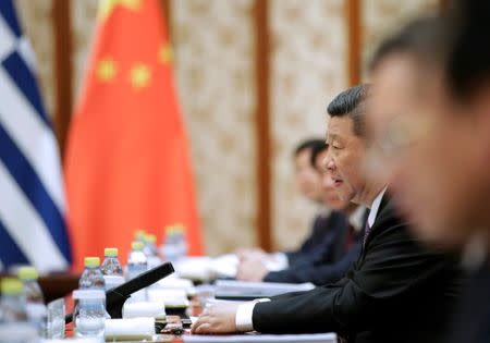 Chinese President Xi Jinping meets Greek Prime Minister Alexis Tsipras (not pictured) ahead of the Belt and Road Forum in Beijing, China May 13, 2017. REUTERS/Jason Lee