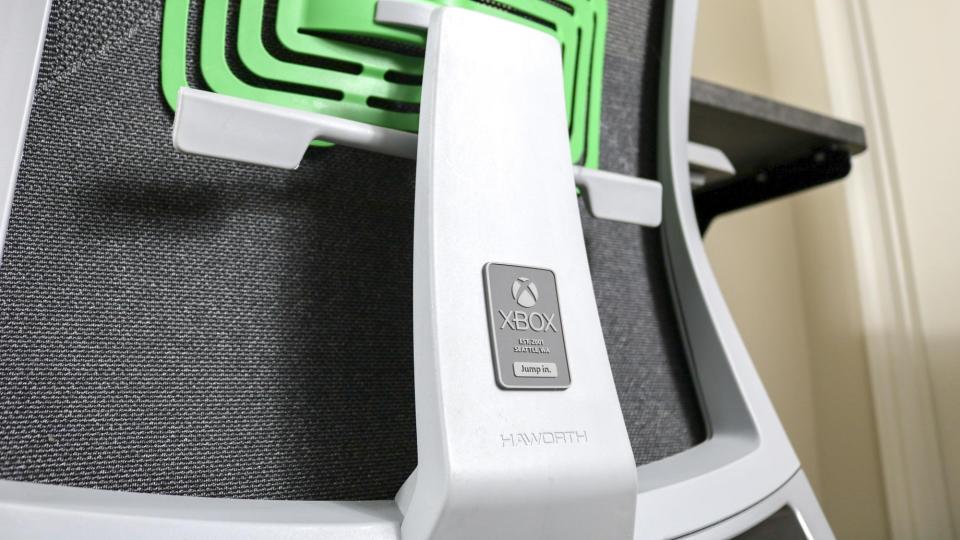 The Xbox green backrest on the Haworth Very Gaming Chair