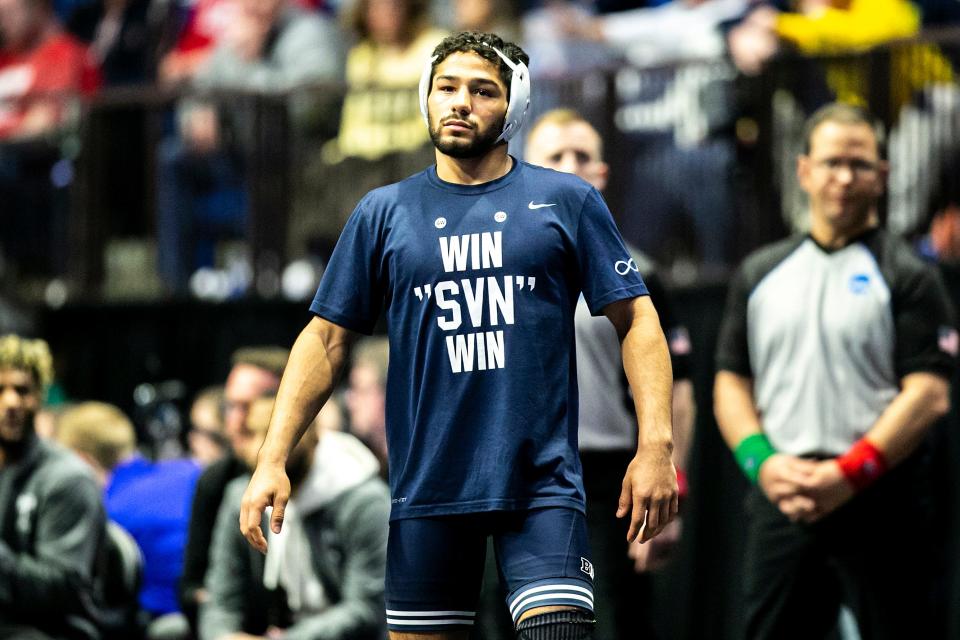 Penn State's Shayne Van Ness gets ready before wrestling at 149 pounds in the quarterfinals during the third session of the NCAA Division I Wrestling Championships, Friday, March 17, 2023, at BOK Center in Tulsa, Okla.
