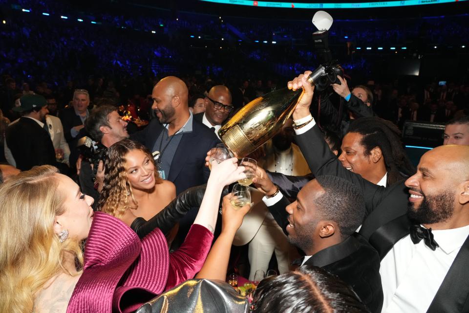 Adele, Beyoncé, Jay-Z, Rich Paul, and Juan “OG” Perez attend the 65th GRAMMY Awards at Crypto.com Arena on February 05, 2023 in Los Angeles, California.