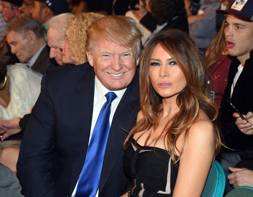 LAS VEGAS, NV - MAY 02:  Donald Trump (L) and model Melania Trump pose ringside at "Mayweather VS Pacquiao" presented by SHOWTIME PPV And HBO PPV at MGM Grand Garden Arena on May 2, 2015 in Las Vegas, Nevada.  (Photo by Ethan Miller/Getty Images for SHOWTIME)