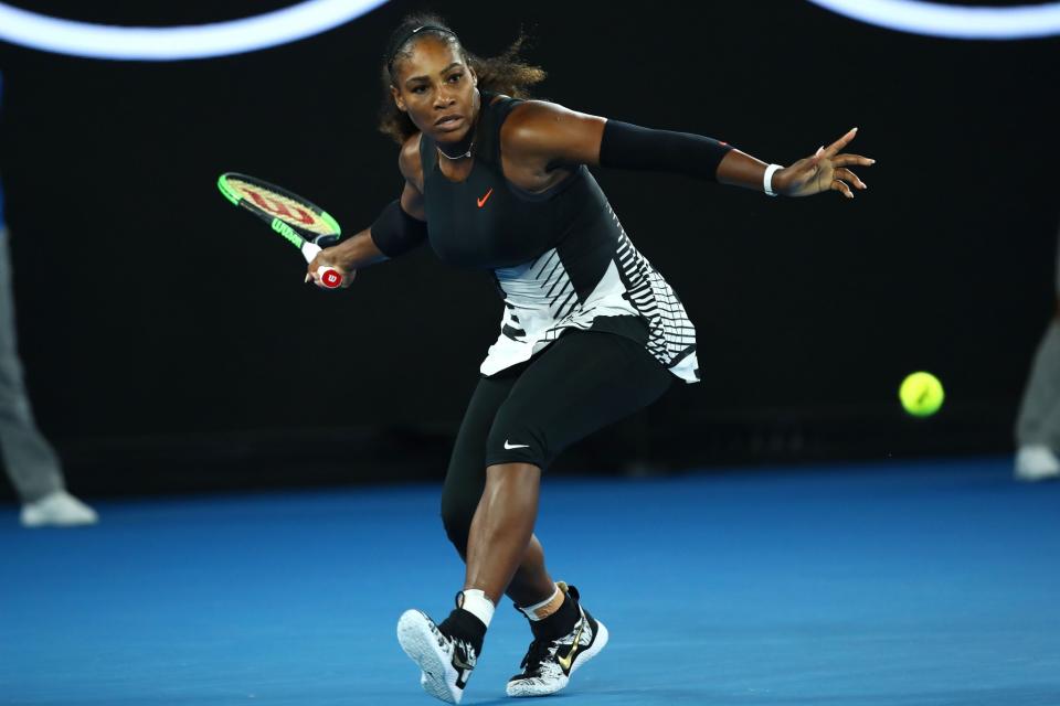 <p>Serena Williams plays a passing winner </p>