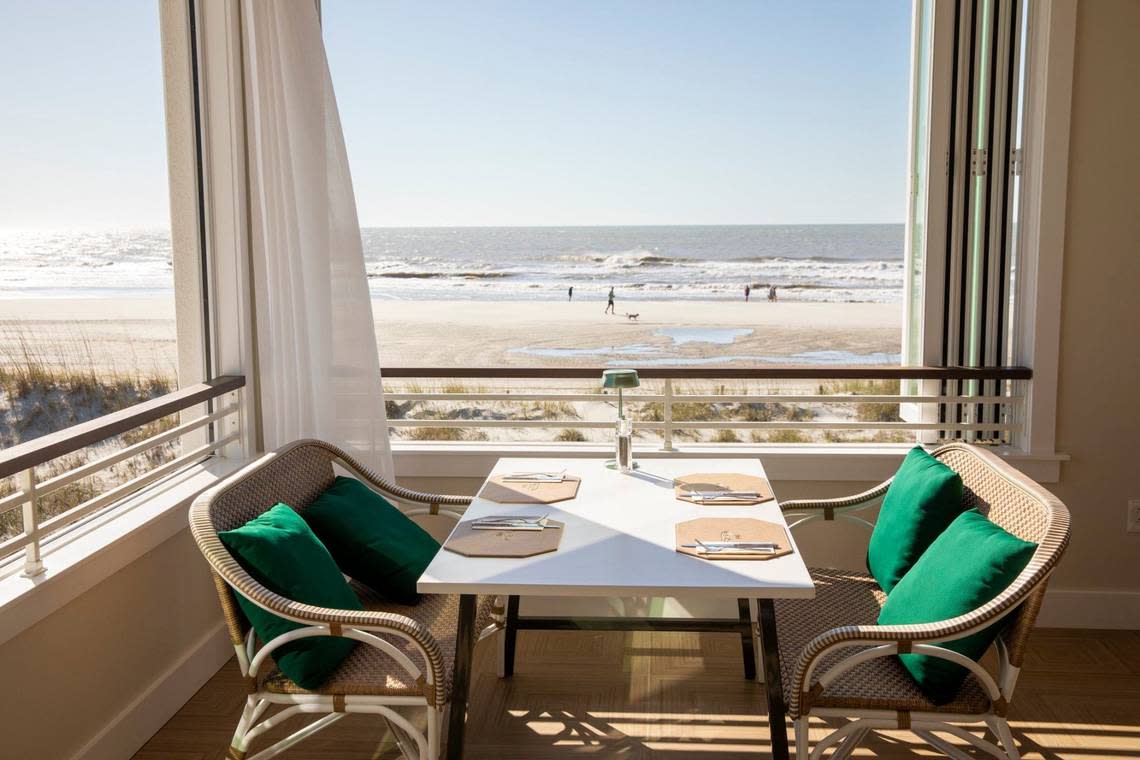 The new ocean front Dunes Beach Club, part of the Dunes Golf and Beach Club, is set to open April 16, 2024. The two-level, 15,000 square foot facility features both open air and enclosed dining, balconies, pools with cabanas, and a play areas for children. The Dunes Club hosts 870 members, their families and guests. April 12, 2024. JASON LEE/JASON LEE