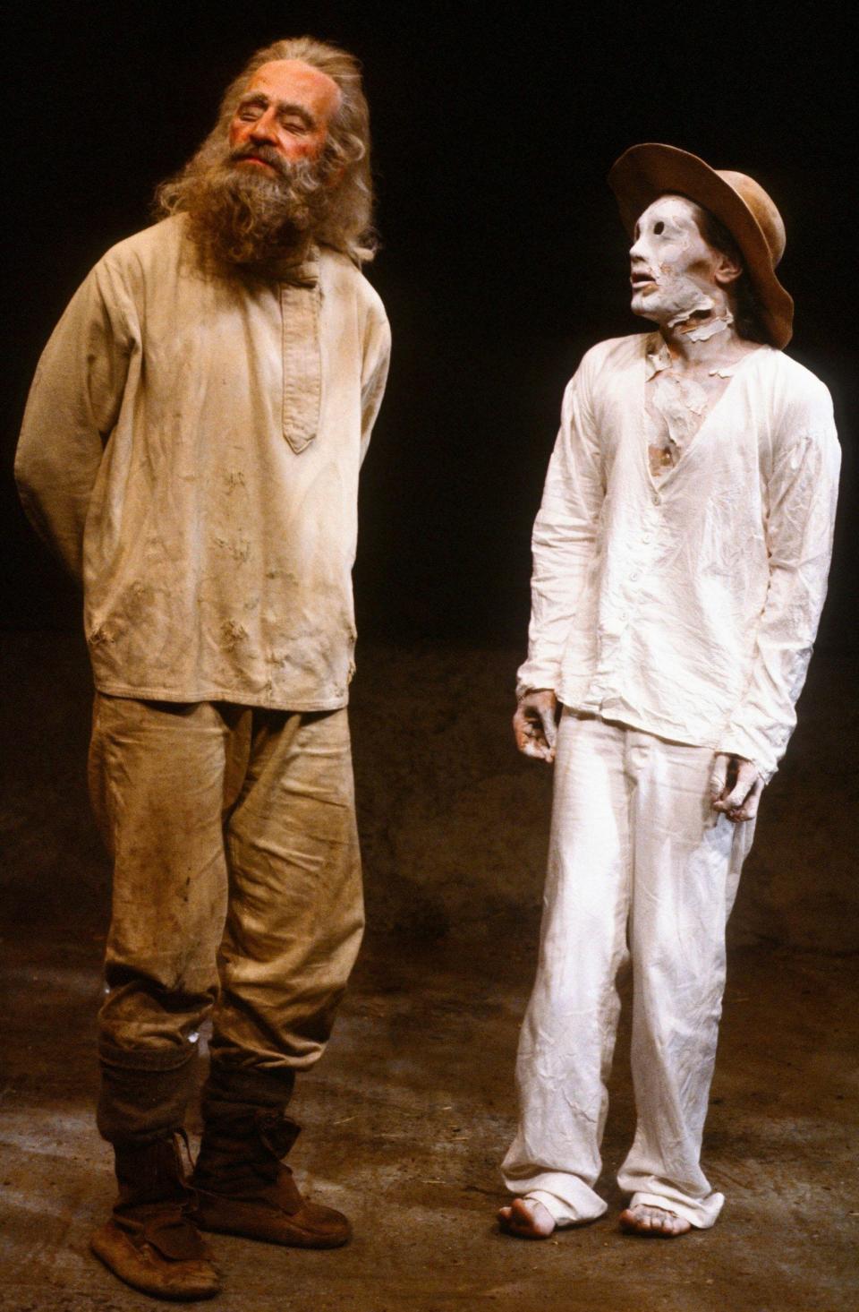 Bob Peck (Lear) and Mark Rylance (Gravedigger's Boy) in Bond's Lear for the RSC at the Other Place, Stratford, 1982