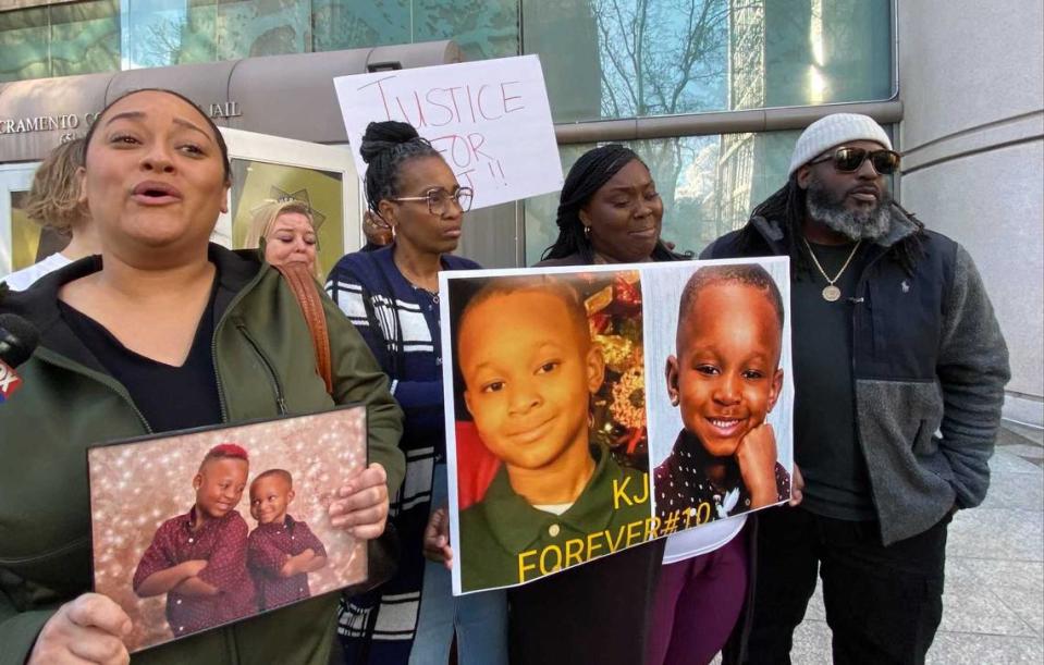 Family and friends of Keith Jhay “KJ” Frierson rally outside Sacramento County Main Jail on Wednesday to seek justice in KJ’s shooting death. From left to right are Nina Trepagnier, KJ’s godmother; Rhonda Ladd, KJ’s grandmother; Brittani Frierson, KJ’s mother; and Berry Accius, a Sacramento activist and the founder and CEO of Voice of the Youth.