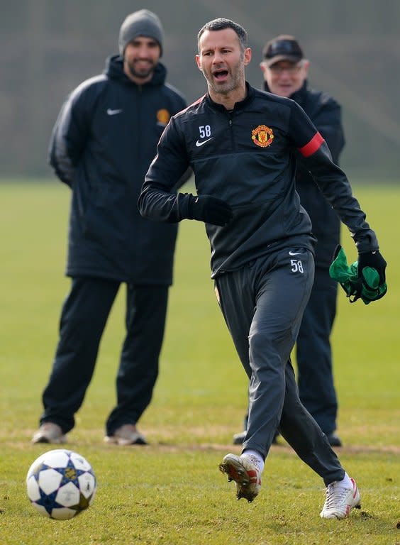 Manchester United midfielder Ryan Giggs is pictured during a team training session in Manchester on March 4, 2013. Giggs is poised to make his 1,000th appearance in senior football on Tuesday after being rested at the weekend