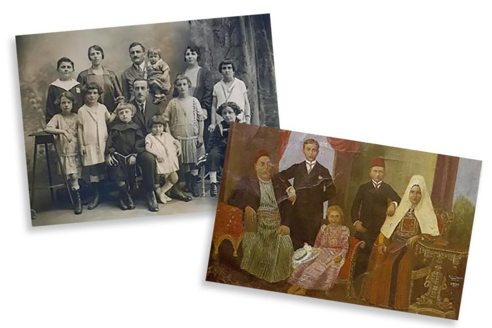 Collage of a black-and-white family photo featuring 13 individuals, and a family painting featuring five people.