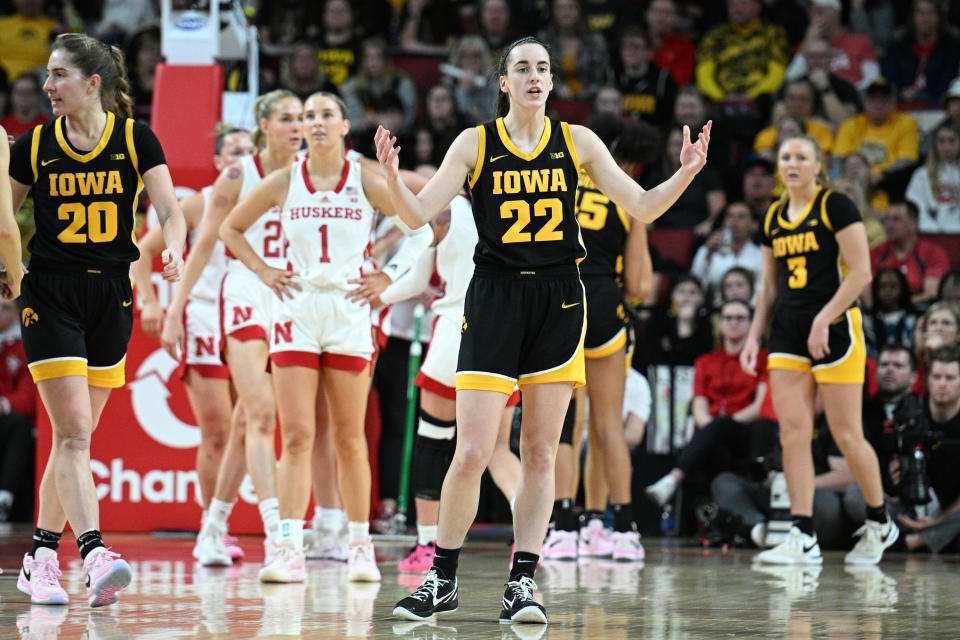 LINCOLN, NEBRASKA - FEBRUARY 11: Caitlin Clark #22 of the Iowa Hawkeyes looks to the bench during a break in the game against the Nebraska Cornhuskers in the first half at Pinnacle Bank Arena on February 11, 2024 in Lincoln, Nebraska. (Photo by Steven Branscombe/Getty Images)