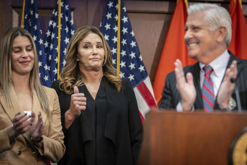 Caitlyn Jenner speaks at a press conference, Monday, March 18, 2024, in Mineola, N.Y. The former Olympic gold medalist threw her support behind a local New York official’s order banning female sports teams with transgender athletes from using county-owned facilities. (AP Photo/Stefan Jeremiah)