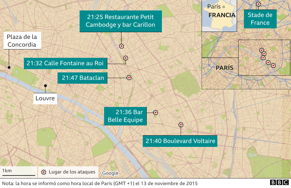 Mapa de París donde ocurrieron los ataques.