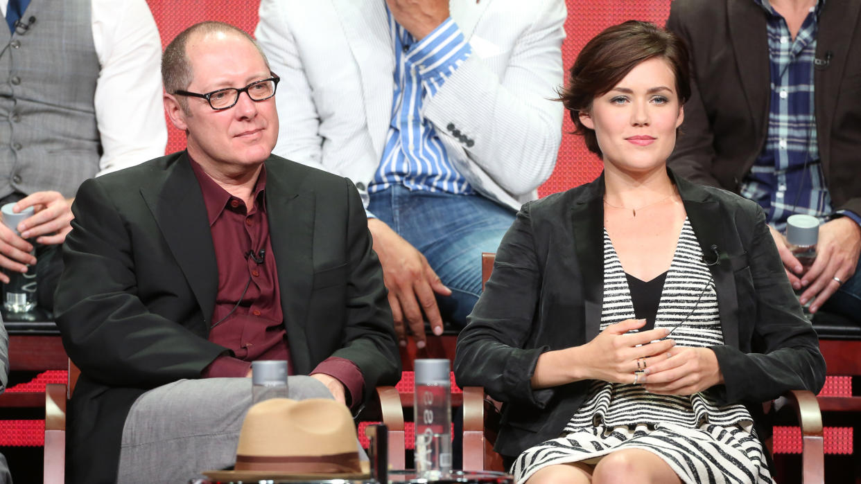 BEVERLY HILLS, CA - JULY 27:  (L-R) Actors James Spader and Megan Boone speak onstage during "The Blacklist" panel discussion at the NBC portion of the 2013 Summer Television Critics Association tour - Day 4 at the Beverly Hilton Hotel on July 27, 2013 in Beverly Hills, California.