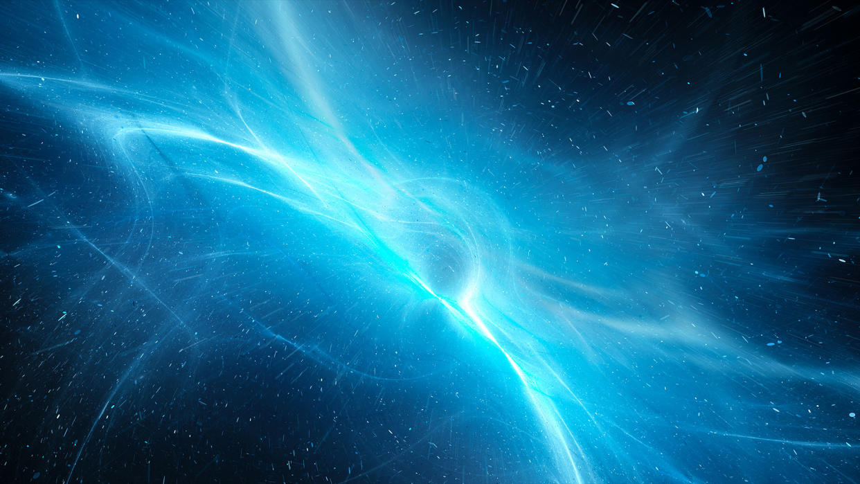  Blue glowing interstellar plasma field in deep space, computer generated abstract background, 3D rendering. 