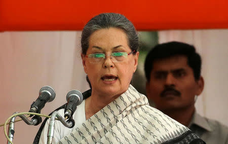 India's main opposition Congress party president Sonia Gandhi addresses her supporters before what the party calls "Save Democracy" march to parliament in New Delhi, India, May 6, 2016. REUTERS/Altaf Hussain