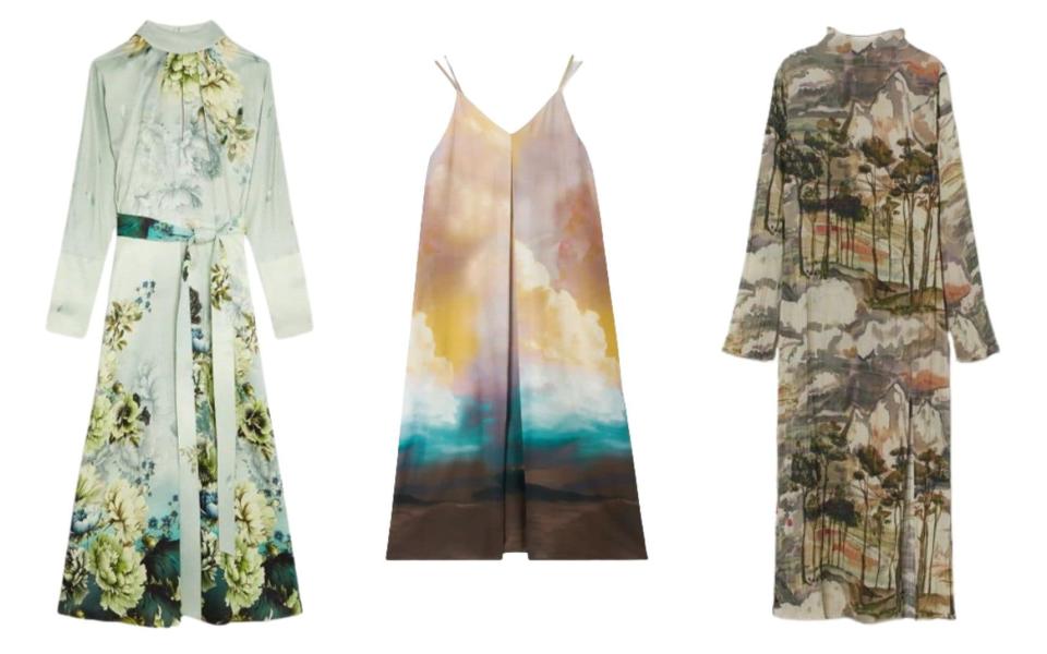 Landscape dress, £249, Karen Millen, Cloud print dress, £65, John Lewis, Collared dress, £39.99, H&M,