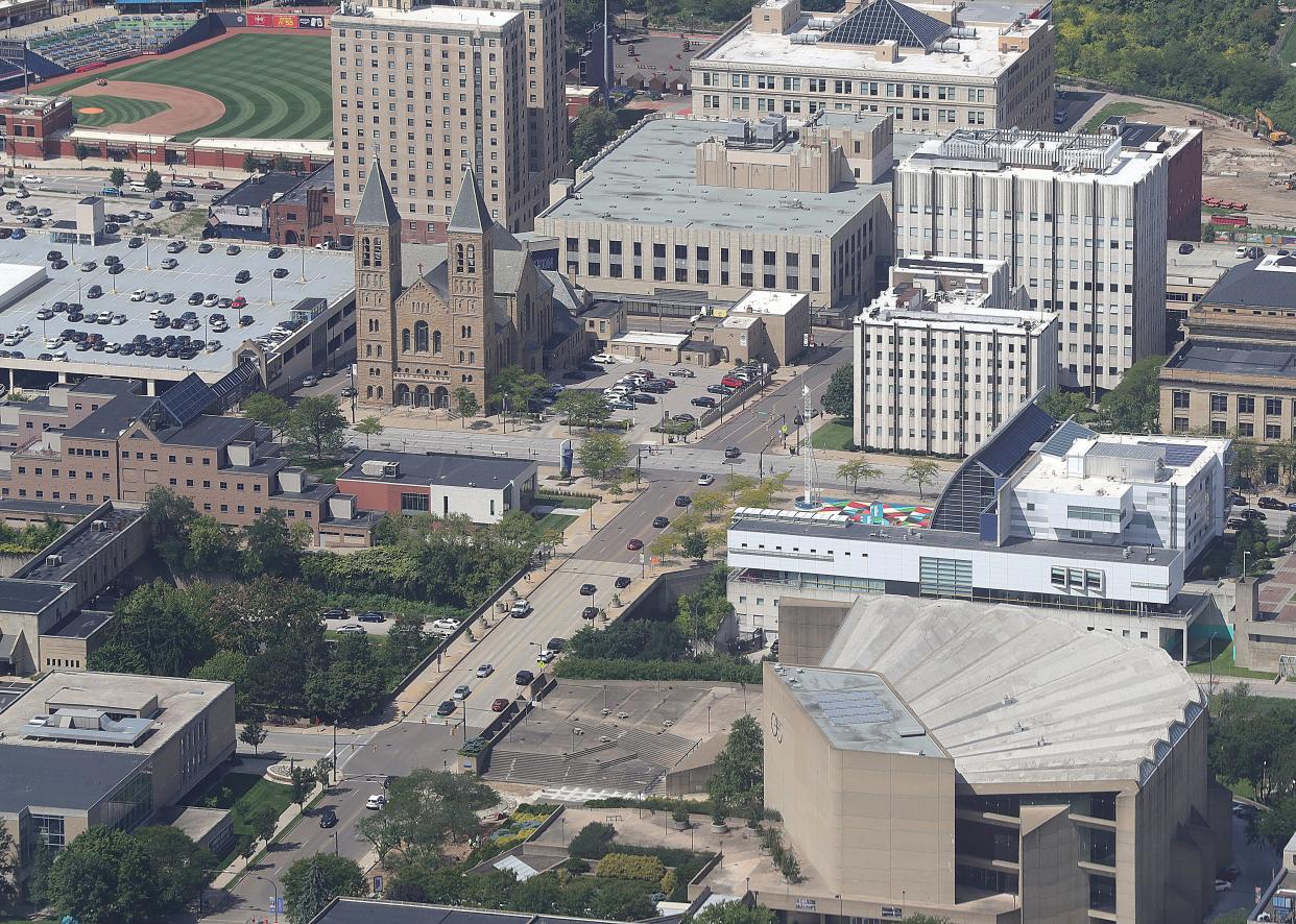 The view of downtown Akron from the Goodyear blimp. When FirstEnergy empties its headquarters on Main Street,  eight downtown buildings collectively will hold close to 2 million square feet of empty space for lease or redevelopment.