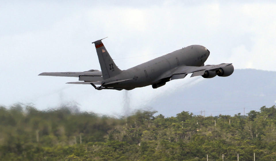 In this Aug. 14, 2012 photo, a U.S. Air Force KC-135 Stratotanker, built in 1960, takes off at Kadena Air Base on Japan's southwestern island of Okinawa. For decades, the U.S. Air Force has grown accustomed to such superlatives as unrivaled and unbeatable. Now some of its key aircraft are being described with terms like decrepit. (AP Photo/Greg Baker)