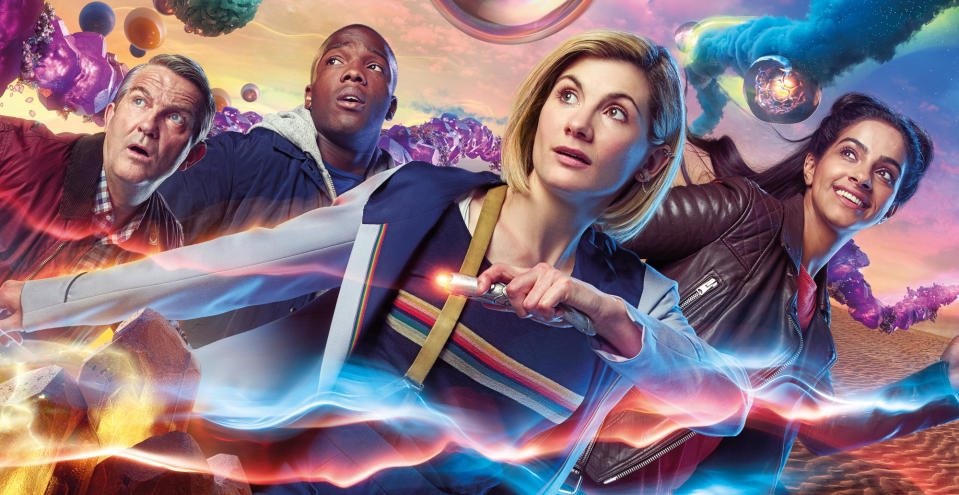 Graham (Bradley Walsh), Ryan (Tosin Cole), The Doctor (Jodie Whittaker), Yaz (Mandip Gill) in <i>Doctor Who</i> (BBC/Sophie Mutevelian)