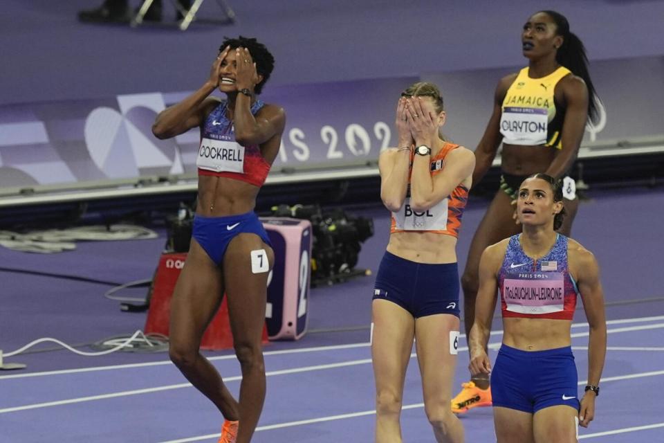 Sydney McLaughlin-Levrone and Anna Cockrell of the U.S. and Femke Bol of the Netherlands after the 400-meter hurdles.