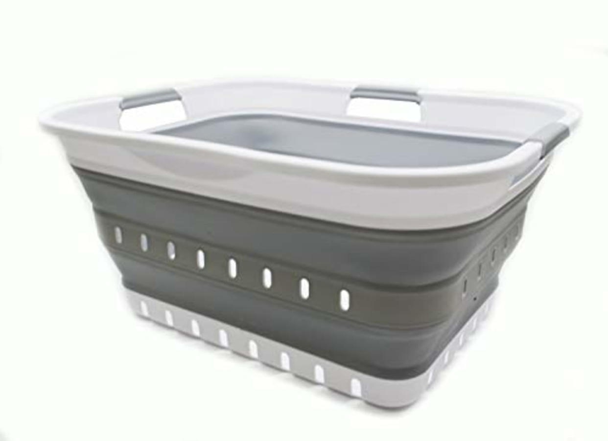 SAMMART 42L (11 gallon) Collapsible Plastic Laundry Basket - Foldable Pop Up Storage Container/Organizer - Portable Washing Tub - Space Saving Hamper/Basket (1, White/Grey) (AMAZON)