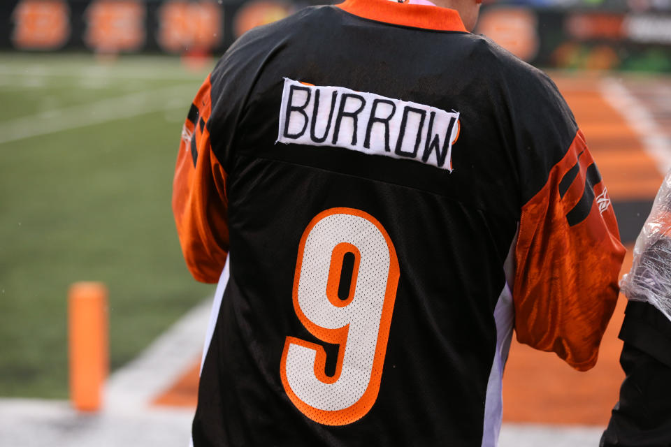 A Cincinnati Bengals fan wears a modified "Joe Burrow" jersey before the game against the Cleveland Browns on December 29. (Photo by Ian Johnson/Icon Sportswire via Getty Images)