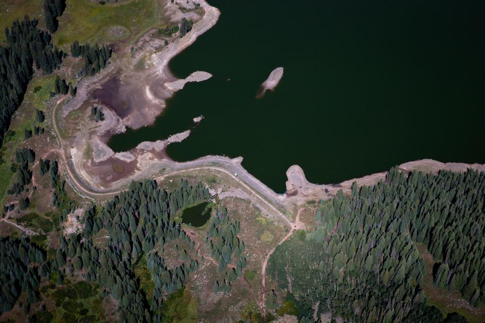 Aerial views of Park Reservoir and other lakes atop Grand Mesa National Forest in Colorado, where nearly all the water can be captured for use before it reaches the rivers below.