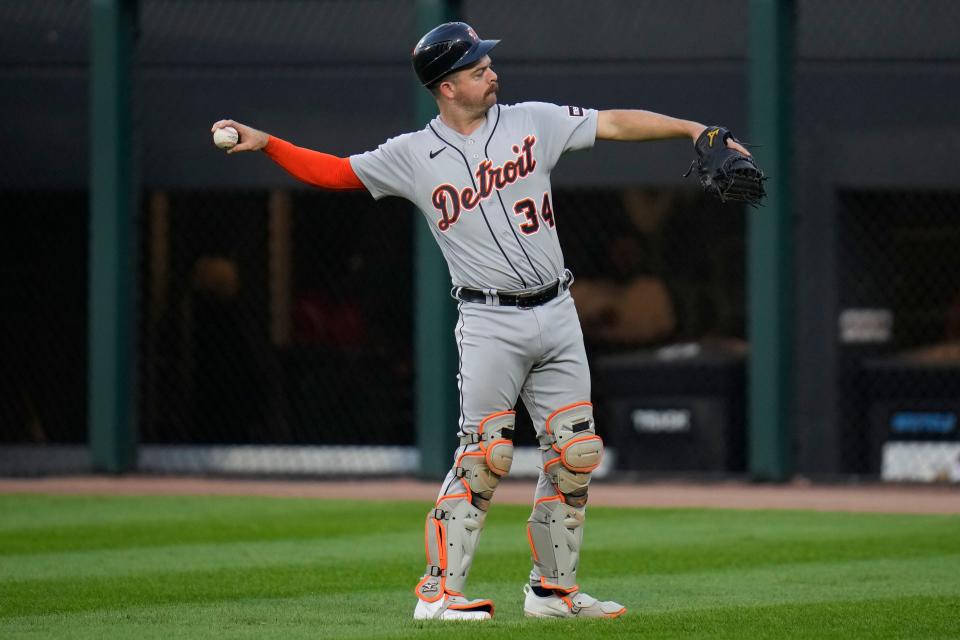 Detroit Tigers' Jake Rogers warms up before a baseball game against the Chicago White Sox at Guaranteed Rate Field in Chicago on Friday, Sept. 1, 2023.