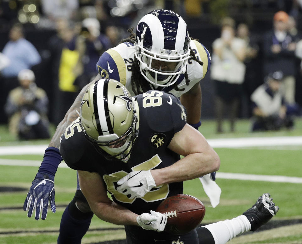 New Orleans Saints' Dan Arnold can't handle a catch in the end zone during the first half of an NFL football NFC championship game against the Los Angeles Rams, Sunday, Jan. 20, 2019, in New Orleans. (AP Photo/David J. Phillip)