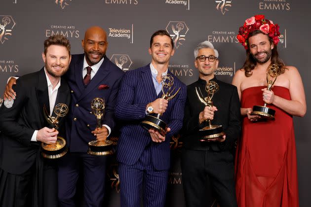 “Queer Eye” cast mates, from left, Bobby Berk, Karamo Brown, Antoni Porowski, Tan France and Van Ness pose with their Emmy statuettes after winning the Outstanding Structured Reality Program award in January.