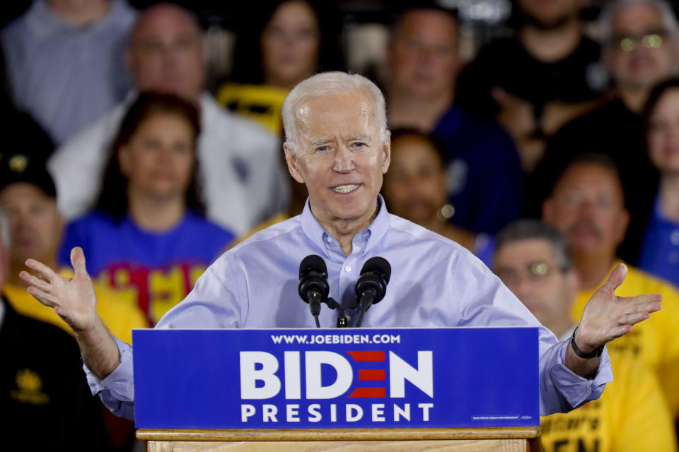 FILE - Democratic presidential candidate former Vice President Joe Biden speaks during a campaign stop at a Teamsters union hall in Pittsburgh, April 29, 2019. (AP Photo/Keith Srakocic, File)